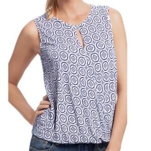 Cabi #733 Blue and White  Medallion Print Wrap Style Keyhole Sleeveless Blouse